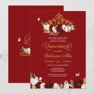 Invitación Mariposa Rosa Borgoña Quinceanera Gold Tiara