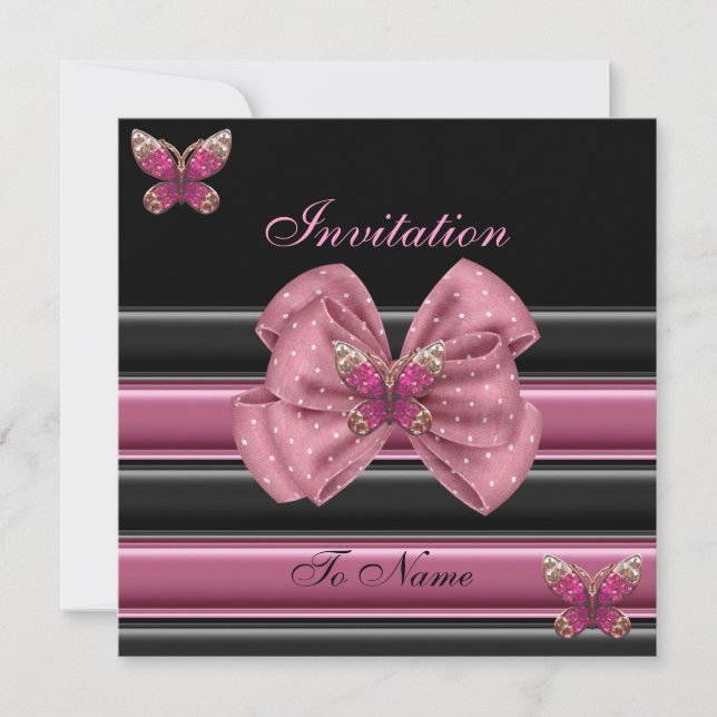 Invitación Mariposa Rosa Bow Black Stripe 2 (Anverso)