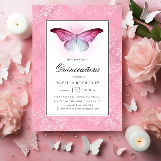 Invitación Mariposa rosa brillante Quinceañera (Subido por el creador)