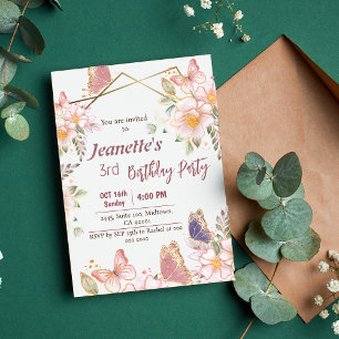 Invitación Mariposa rosa con temática floral 3er cumpleaños