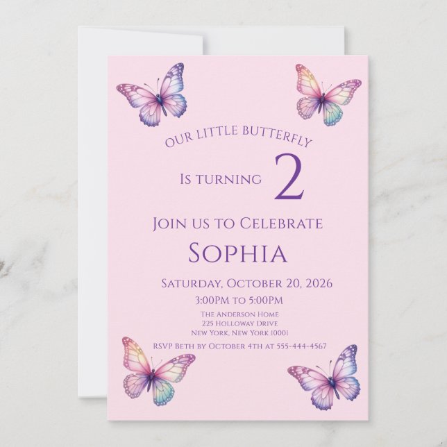 Invitación Mariposa Rosa Cumpleaños de Cualquier Edad (Anverso)