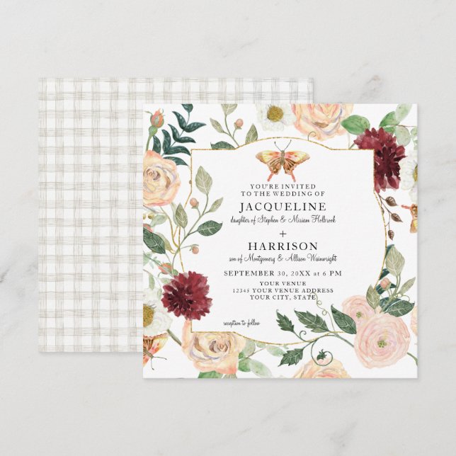 Invitación Mariposa Rosa de coral acuarela Rubor Mint Floral (Anverso / Reverso)