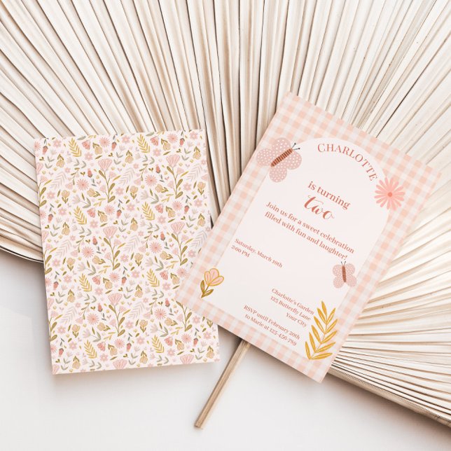 Invitación Mariposa rosa de Gingham con flores Cumpleaños (Subido por el creador)