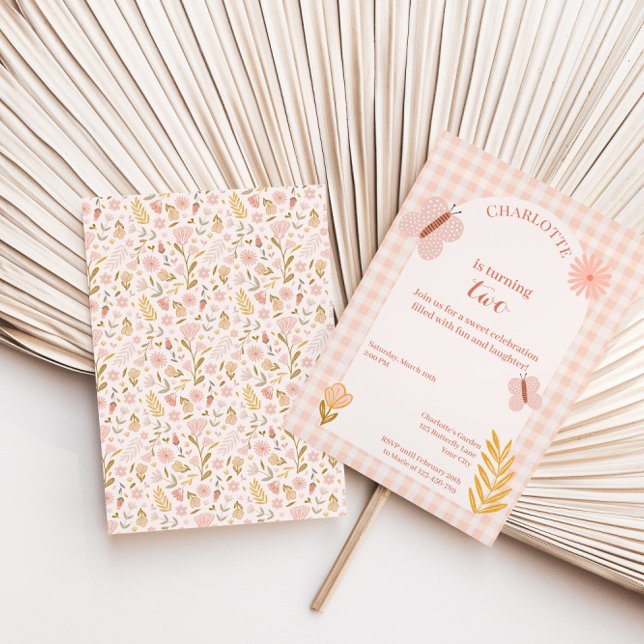 Invitación Mariposa rosa de Gingham con flores Cumpleaños (Subido por el creador)