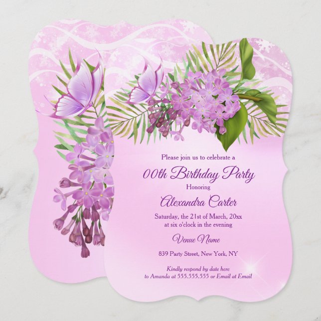 Invitación Mariposa rosa de lilo con Bonito floral Fiesta de  (Anverso / Reverso)