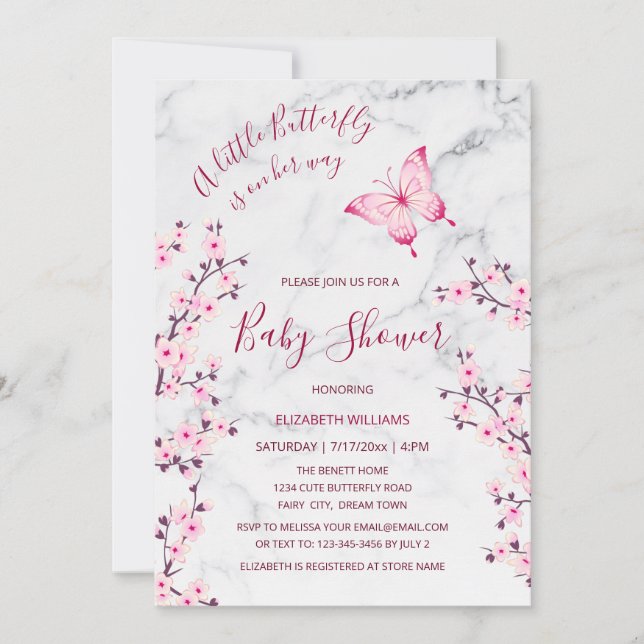 Invitación Mariposa rosa de mármol gris | CHICA BABY SHOWER (Anverso)