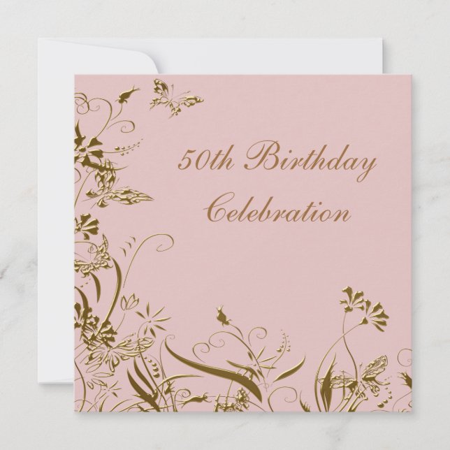 Invitación Mariposa rosa dorada 50 cumpleaños de mujeres (Anverso)