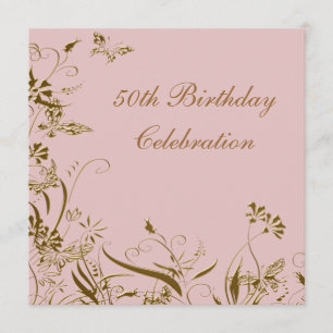 Invitación Mariposa rosa dorada 50 cumpleaños de mujeres