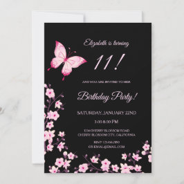 Invitación Mariposa Rosa Flor de Cerezo Negra 