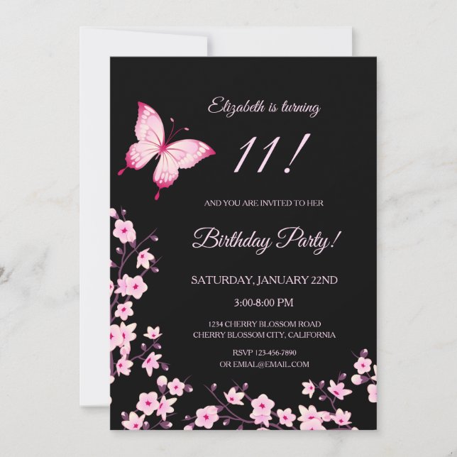 Invitación Mariposa Rosa Flor de Cerezo Negra  (Anverso)
