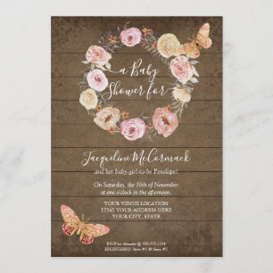 Invitación Mariposa rosa Flora acuática floral Wreath Baby Gi