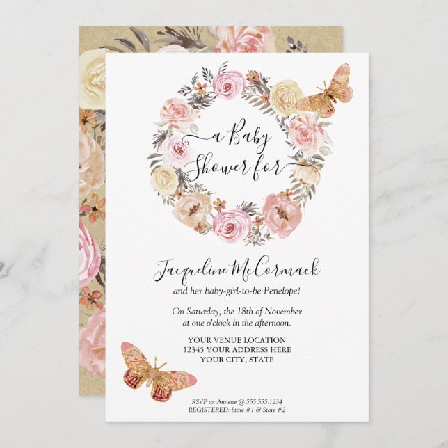 Invitación Mariposa rosa Flora acuática floral Wreath Baby Gi (Anverso / Reverso)