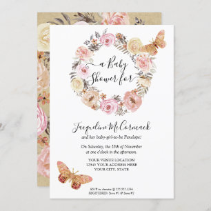 Invitación Mariposa rosa Flora acuática floral Wreath Baby Gi