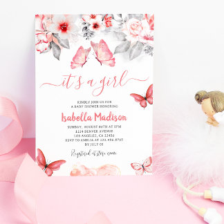 Invitación Mariposa rosa Floral Bebé Chica Ducha
