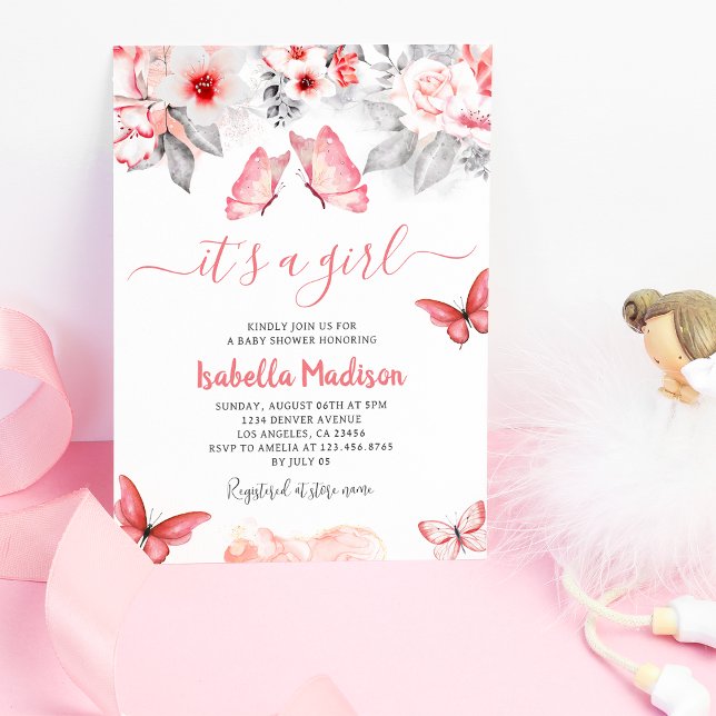 Invitación Mariposa rosa Floral Bebé Chica Ducha (Pink Floral Butterfly Baby Girl Shower Invitation
)