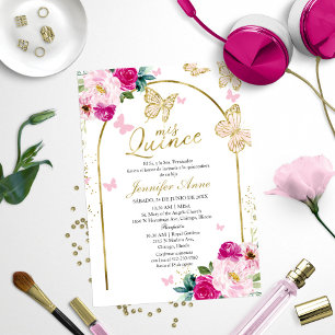 Invitación Mariposa Rosa Floral Quinceañera Española