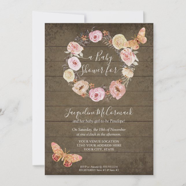 Invitación Mariposa rosa Floral Rusa Madera Rústica Wreath Be (Anverso)