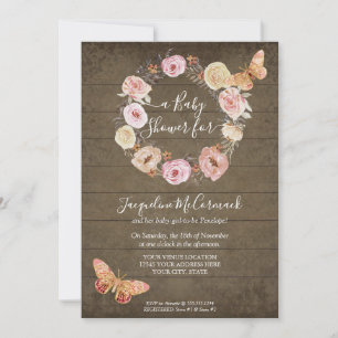 Invitación Mariposa rosa Floral Rusa Madera Rústica Wreath Be