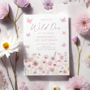 Invitación Mariposa Rosa Flores Silvestres Primer Cumpleaños