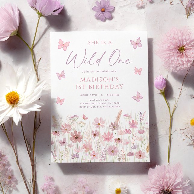 Invitación Mariposa Rosa Flores Silvestres Primer Cumpleaños (Subido por el creador)