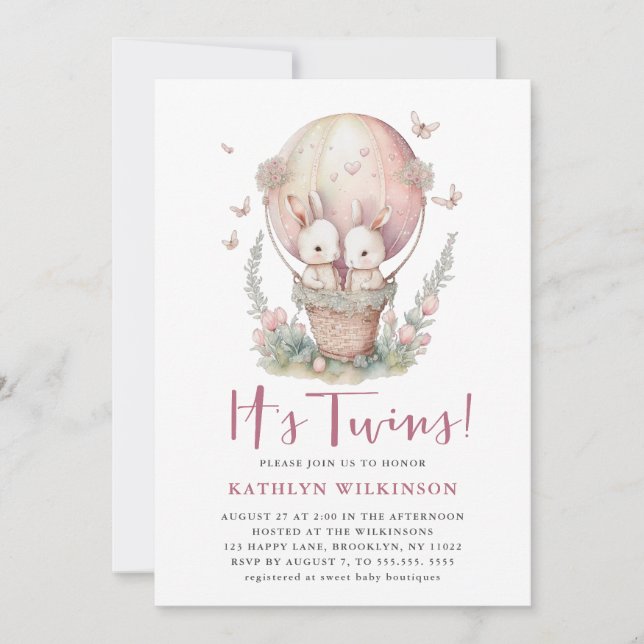 Invitación Mariposa rosa globo aerostático es Chica de gemelo (Anverso)