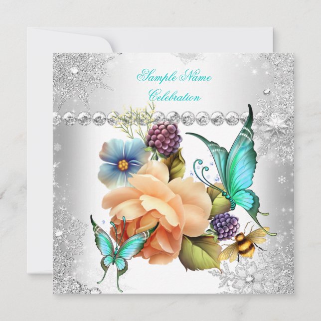 Invitación Mariposa Rosa Melocotón Verde Celebración Plateada (Anverso)