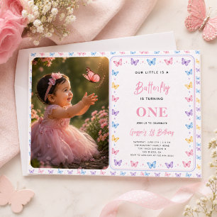 Invitación Mariposa Rosa Morada Linda Cumpleaños 1 para Niñas