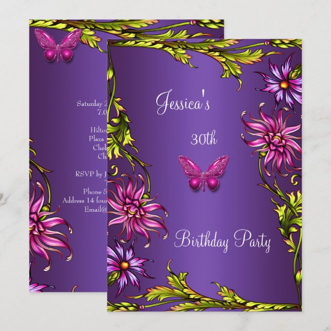 Invitación Mariposa rosa morado floral 30 Fiesta de cumpleaño (Anverso / Reverso)