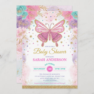 Invitación Mariposa rosa morado Verde azulado arcoiris Baby S