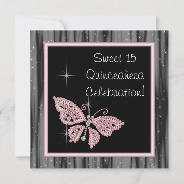 Invitación Mariposa Rosa Negro Quinceanera (Anverso)