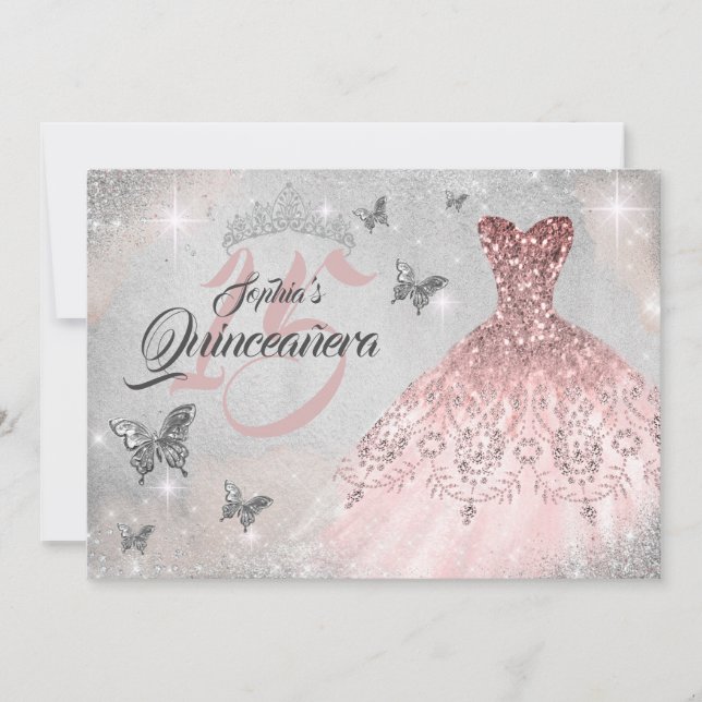 Invitación Mariposa rosa Plata Esparkke Vestido Quinceanera (Anverso)