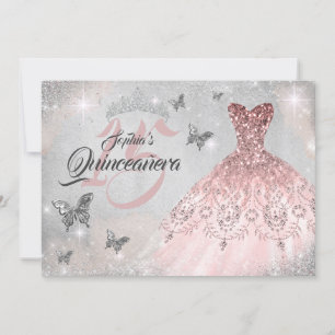 Invitación Mariposa rosa Plata Esparkke Vestido Quinceanera
