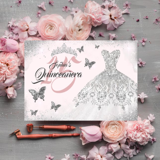 Invitación Mariposa rosa Plata Esparkke Vestido Quinceanera (Subido por el creador)