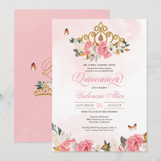 Invitación Mariposa rosa Quinceanera Gold Tiara (Anverso / Reverso)
