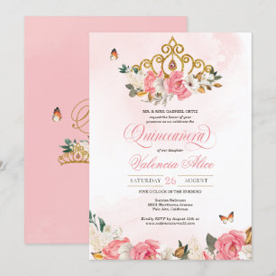 Invitación Mariposa rosa Quinceanera Gold Tiara