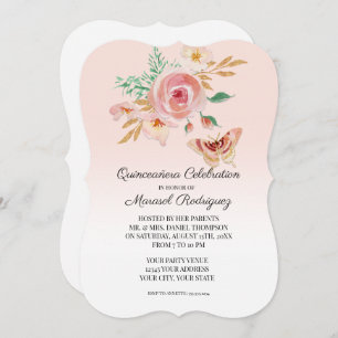 Invitación Mariposa rosa Quinceañera Rubor con flores en oro