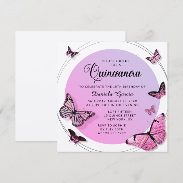 Invitación Mariposa rosa Shimmer Quinceañera moderna (Anverso / Reverso)