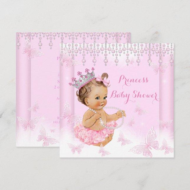 Invitación Mariposa rosa Tiara Princesa Baby Shower Brunette (Anverso / Reverso)