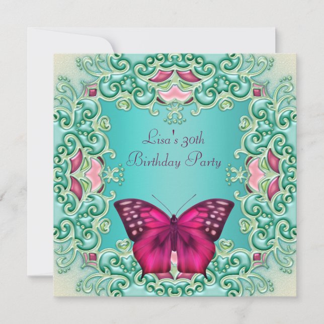 Invitación Mariposa rosa verde azulada: 30 años (Anverso)