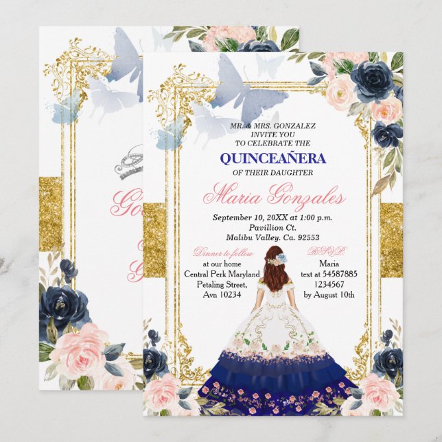 Invitación Mariposa rosa y azul Quinceanera Cumpleaños Mexica (Anverso / Reverso)