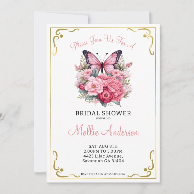 Invitación Mariposa rosa y ducha de flores (Anverso)