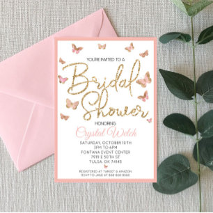 Invitación Mariposa rosa y ducha de novia Purpurina de oro