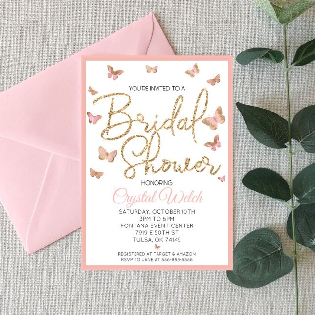Invitación Mariposa rosa y ducha de novia Purpurina de oro (Subido por el creador)