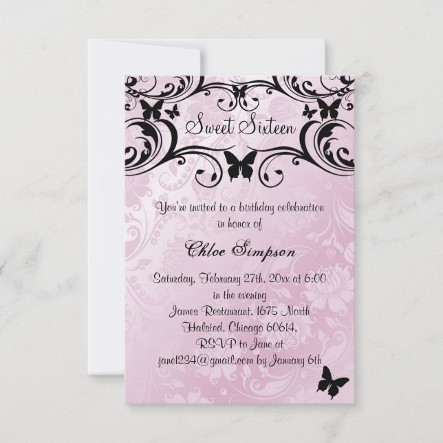 Invitación Mariposa rosa y negra y dulce de flores16 Invitaci (Anverso)