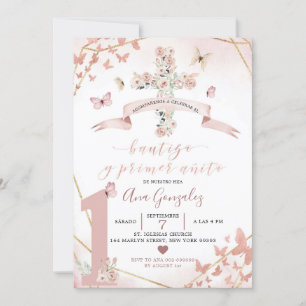 Invitación Mariposa Rosada Bautizo en Rubor en español Primer