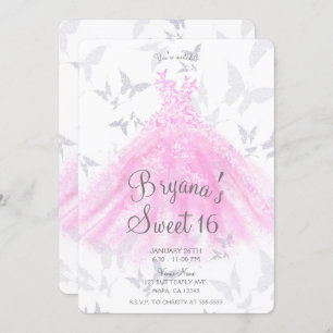 Invitación Mariposa rosada Plata Vestido de danza dulce 16 Fi