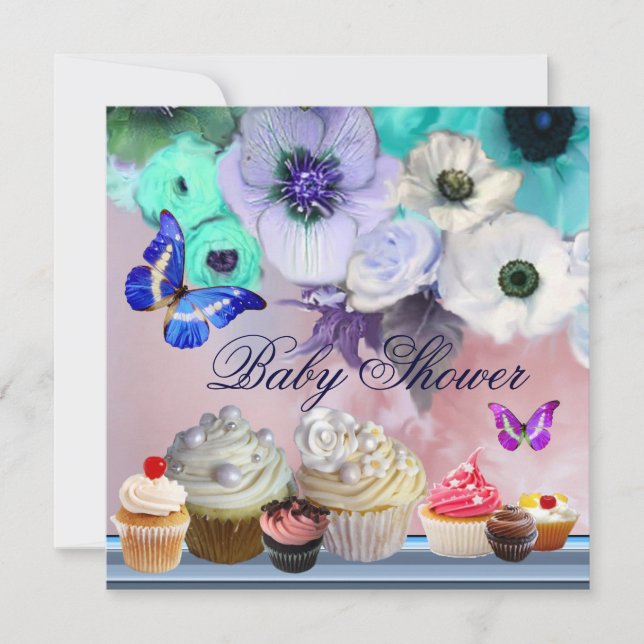 Invitación MARIPOSA,ROSAS,FLORES ,CUPCAKES Baby Shower azul (Anverso)