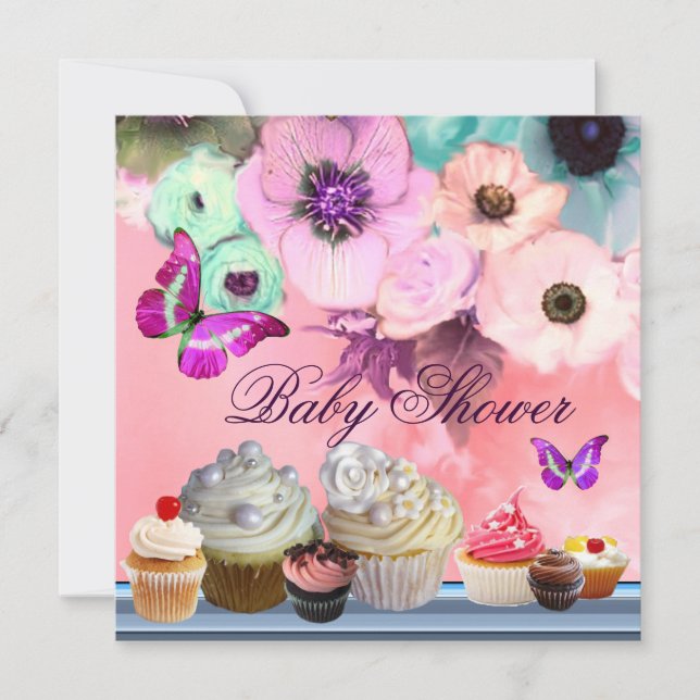 Invitación MARIPOSA, ROSAS, FLORES, CUPCAKES Baby Shower rosa (Anverso)