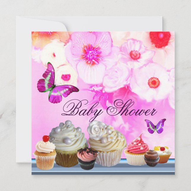 Invitación MARIPOSA, ROSAS, FLORES, CUPCAKES Baby Shower rosa (Anverso)