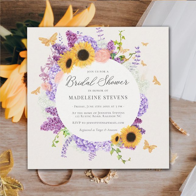 Invitación Mariposa Rusa Girasol Lilac Bridal Shower (rustic butterfly bridal shower invitation sunflower hydrangea lilac wreath elegant modern romantic)